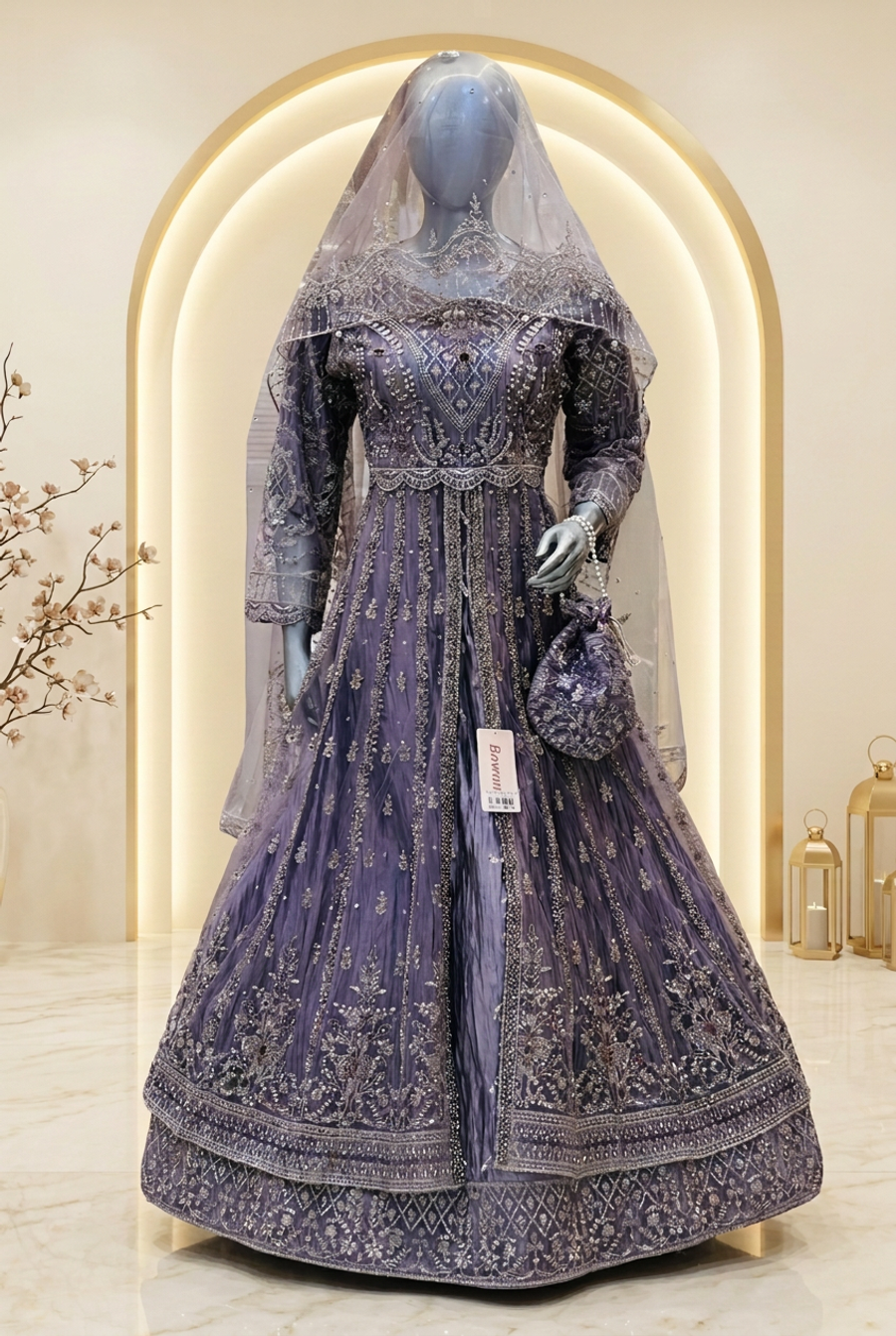 Smoky Violet Silver Majesty Dress | Geometric & Floral Embroidery | Open-Front Layered Flared Outfit | Pale Lilac Veil & Matching Potli | Wedding Edit — Tissue by Bawany Threads & Style