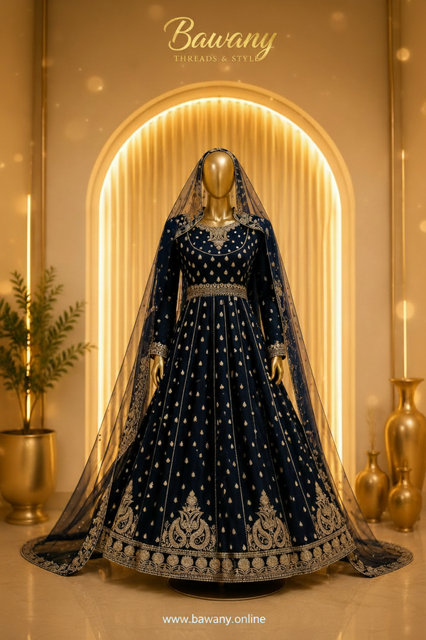 Navy Blue Bridal Anarkali Gown | Gold Zardozi Embroidered | Full Flare Pakistani Bridal Dress | Midnight Navy Formal Wear | Barat & Walima Collection — Formals by Bawany Threads & Style