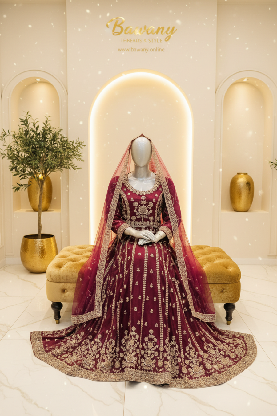 Burgundy Bridal Anarkali Gown | Silver Zardozi Vertical Row Motifs & Central Chest Bouquet | 2-Piece Pakistani Formal Wear | Wine Red Wedding Gown | Deep Pink Dupatta | Barat & Walima Collection — view 2 — Formals by Bawany Threads & Style