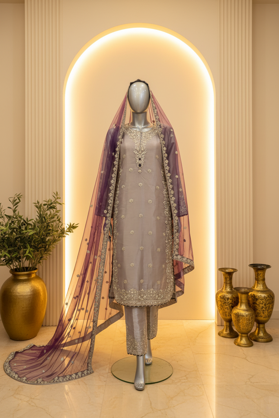 Silver Grey Organza 3-Piece Suit | Silver Crystal Booti & Purple Net Dupatta — view 4 — Net by Bawany Threads & Style