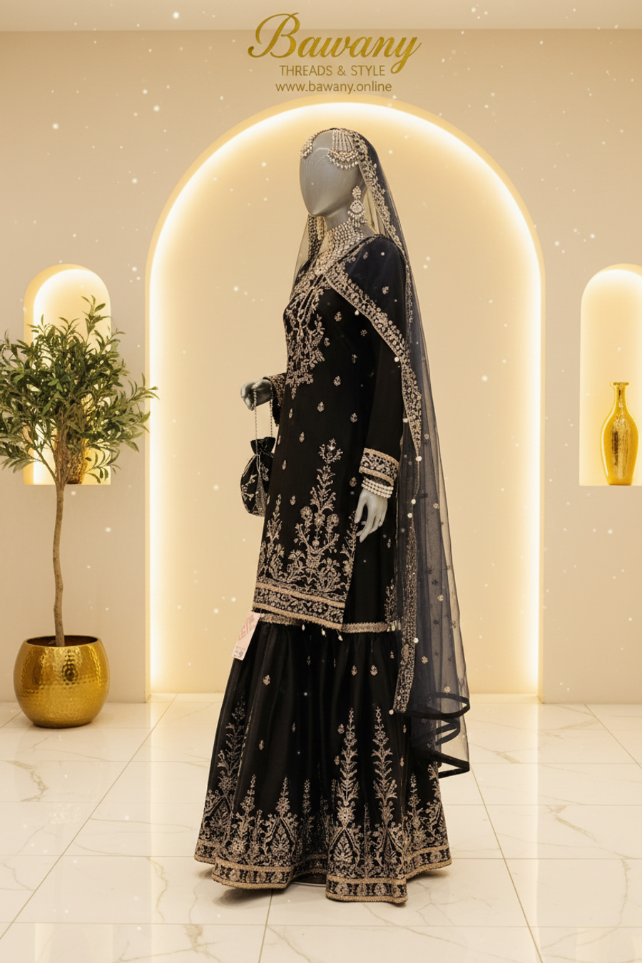 Jet Black Bridal Sharara Set | Tree-of-Life Chest Motif & Silver Yoke Border & Floral Tree Vine Sharara | 3-Piece Pakistani Formal Wear | Black Velvet Georgette Sharara | Pearl Tassel Borders | Round Neckline Pearl Drop | Walima & Formal Collection — view 3 — Organza by Bawany Threads & Style