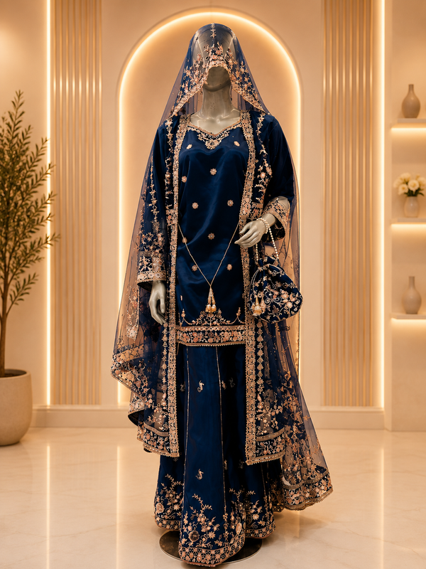 Royal Blue Heavy Gold Embroidered Velvet Sharara Suit — Formals by Bawany Threads & Style