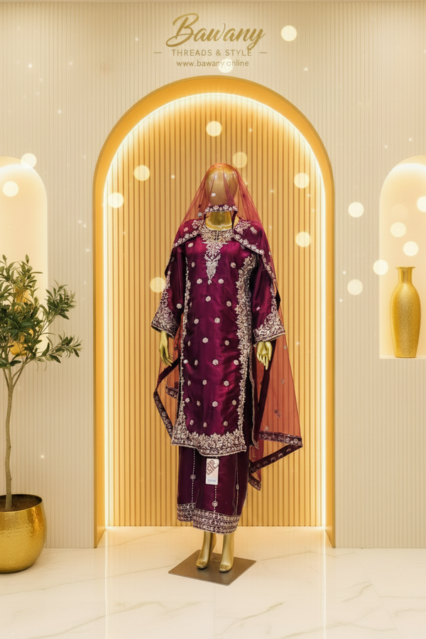 Deep Maroon Floral Embroidered | Silver & Blush-Pink Threadwork | 3-Piece Pakistani Bridal Formal Suit | Sheer Dupatta & Ornate Trouser Borders | Barat & Walima Collection — Net by Bawany Threads & Style