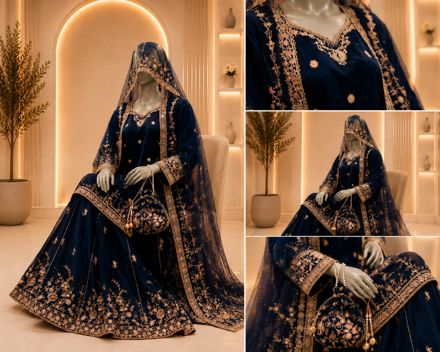 Royal Blue Heavy Gold Embroidered Velvet Sharara Suit — view 2 — Formals by Bawany Threads & Style
