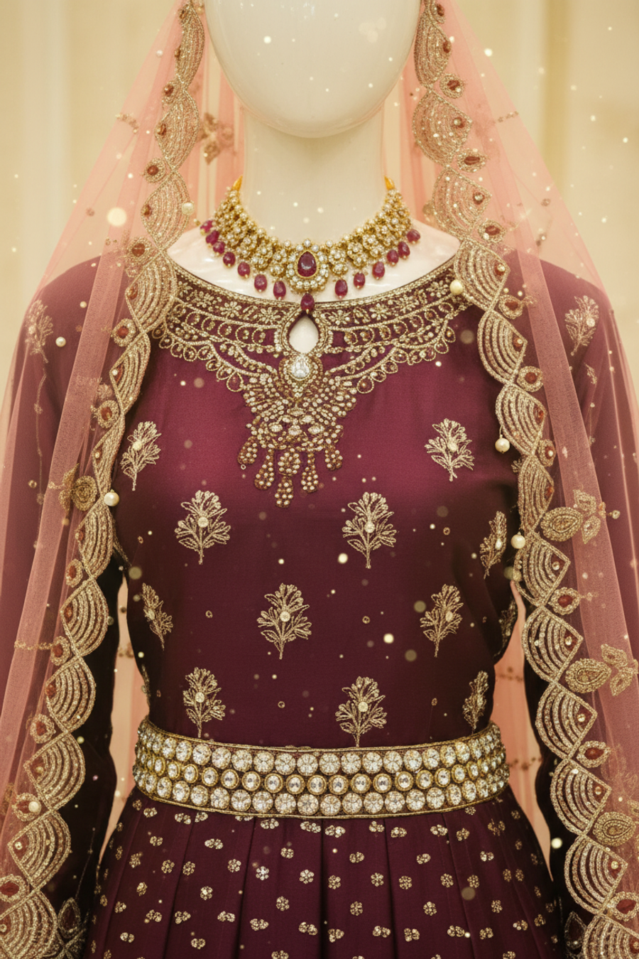 Deep Plum Wine Silk Anarkali Gown | Gold Silver Floral Booti & Matching Veil — view 4 — Bridal by Bawany Threads & Style