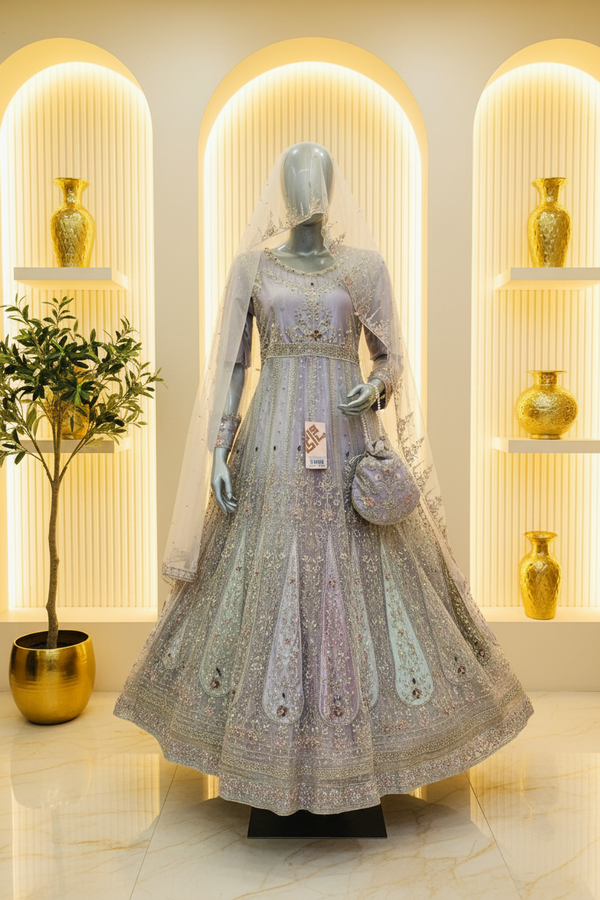 Silver-Grey Heavy Embroidered Bridal Anarkali | Nikah & Walima — Bridal by Bawany Threads & Style