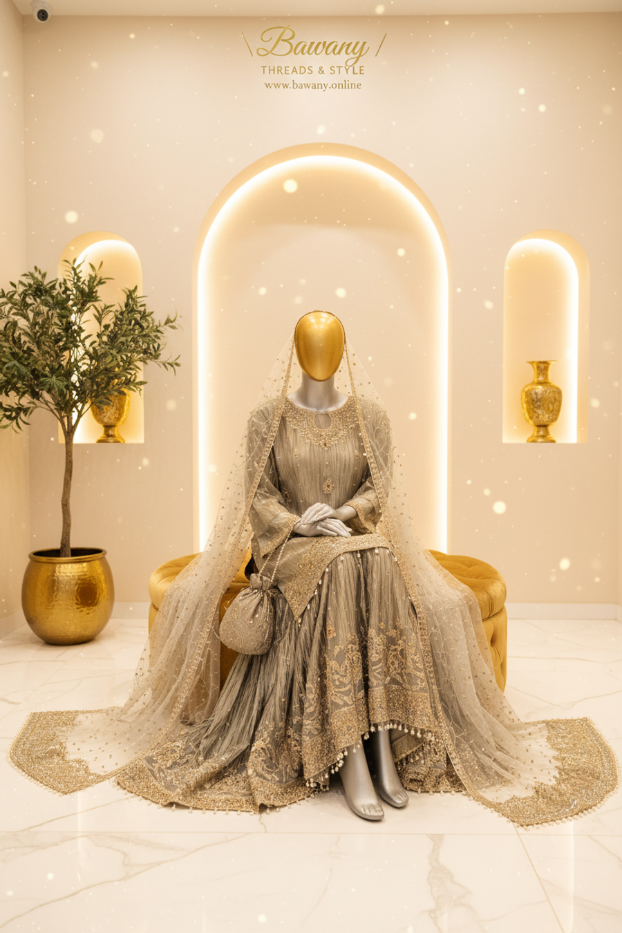 Silver Grey Crinkle Net Bridal Sharara Suit | Gold Zardozi Floral Brooches & Tiered Pearl Drop Fringe | 3-Piece Pakistani Formal Wear | Platinum Grey Wedding Suit | Walima & Nikah Collection — view 4 — Formals by Bawany Threads & Style