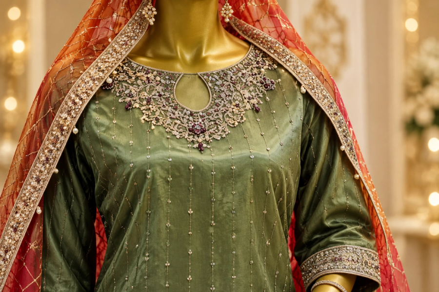 Olive Green Embroidered Ensemble | Silver Teardrop Neckline & Flared Trousers | Pakistani Formal Kameez | Sheer Maroon Dupatta | BAWANY Collection — view 3 — Formals by Bawany Threads & Style