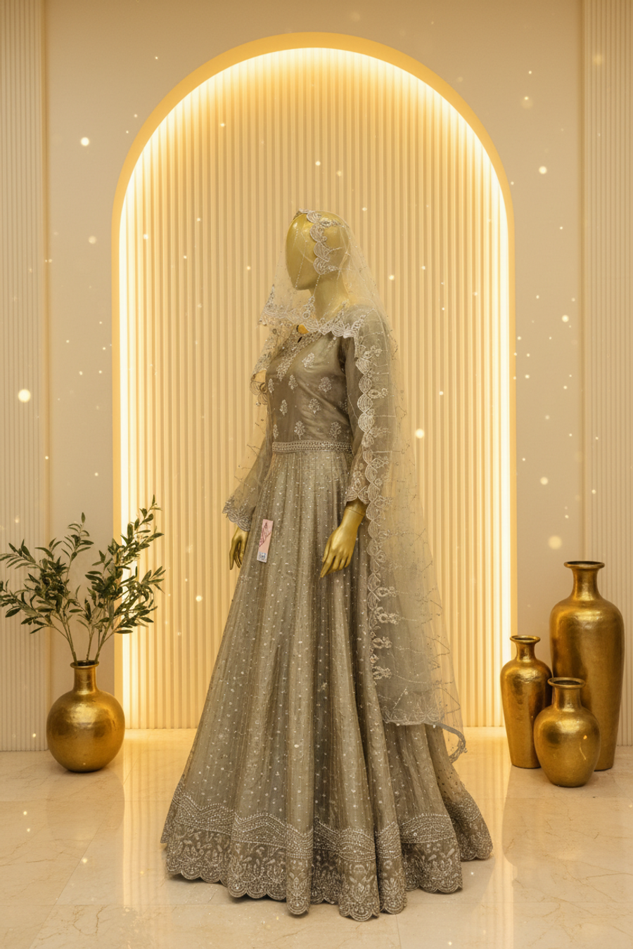 Sage Olive Silk Organza Anarkali Gown | Silver Gold Booti Crystal Waist Belt & Dupatta — view 2 — Bridal by Bawany Threads & Style