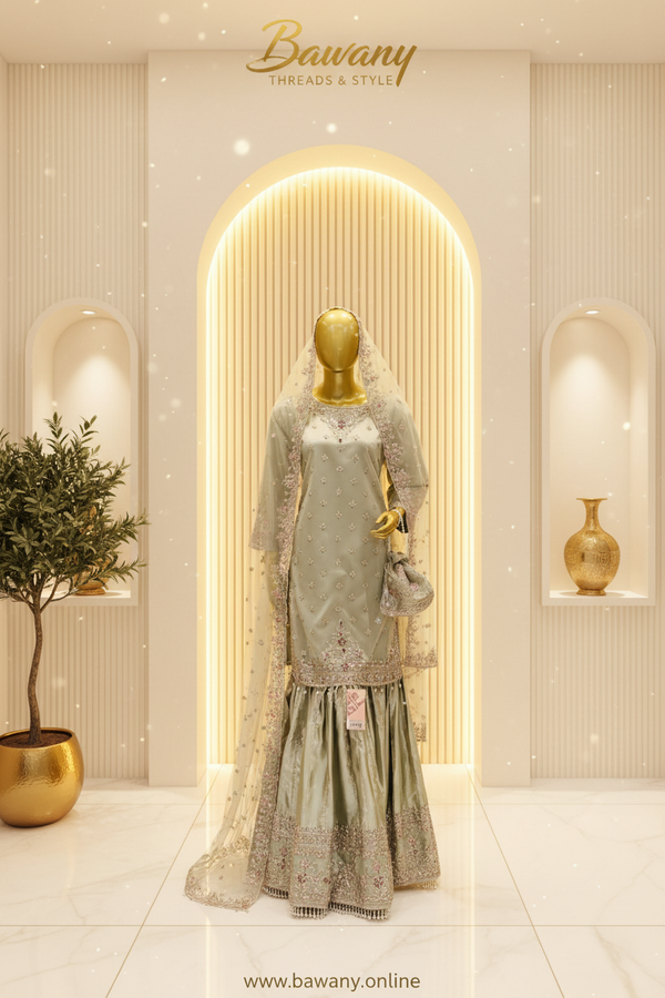 Sage Green Bridal Gharara Suit | Silver Zardozi Bouquet Motifs & Pearl Fringe Drops | 3-Piece Pakistani Formal Wear | Mint Grey Wedding Gharara | Walima & Nikah Collection — Formals by Bawany Threads & Style