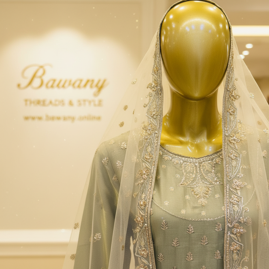 Sage Green Bridal Anarkali Frock | Delicate Chest Motif & Wide Gold Waistband & Panel Seam Lines | 2-Piece Pakistani Bridal Wear | Dusty Sage Silk Organza Frock | Scattered Floral Bouquet Motifs | Ornate Hem Border | Off-White Dupatta | Nikah & Walima Collection — view 2 — Formals by Bawany Threads & Style