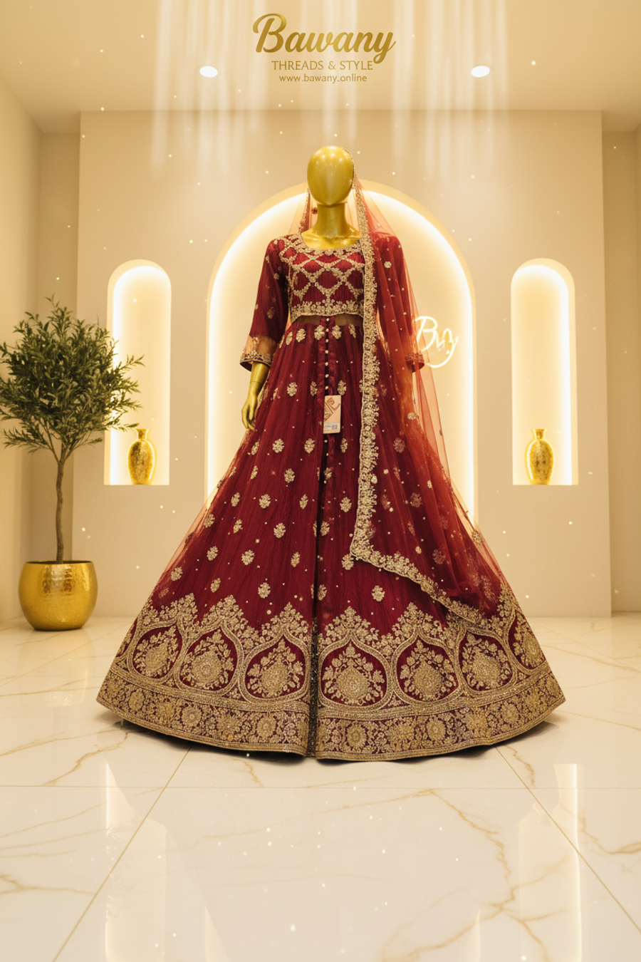 Maroon Bridal Lehenga Set | Gold Zardozi Diamond Grid Choli & Double Arch Border | 3-Piece Pakistani Formal Wear | Burgundy Wedding Lehenga | Barat & Walima Collection — view 2 — Formals by Bawany Threads & Style
