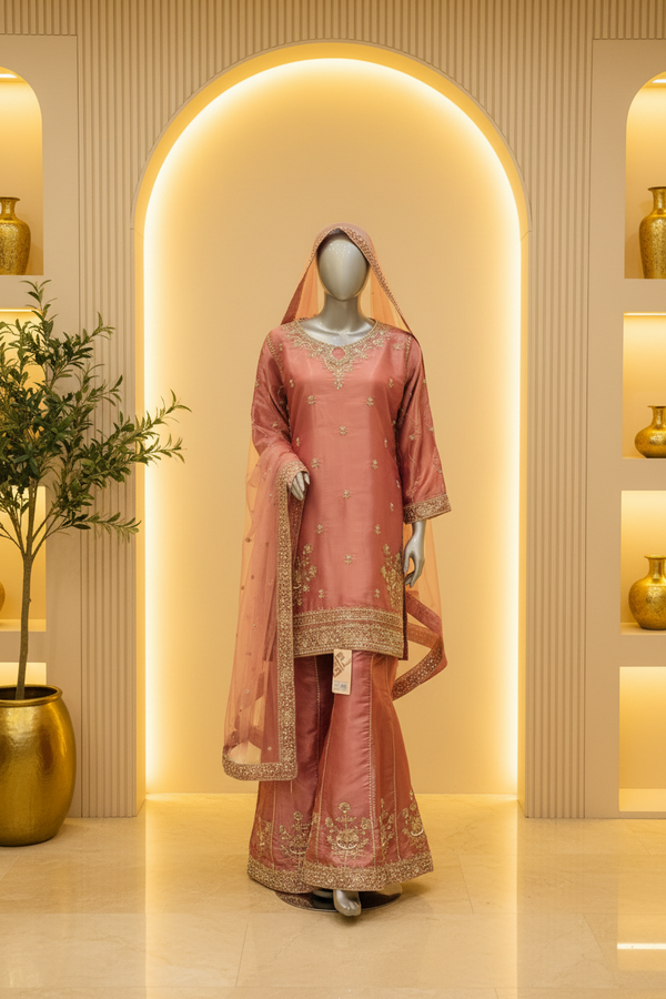 Dusty Rose Silk Organza Bridal Suit | Gold Zardozi Embroidery & Pearl Crystal Booti — Bridal by Bawany Threads & Style