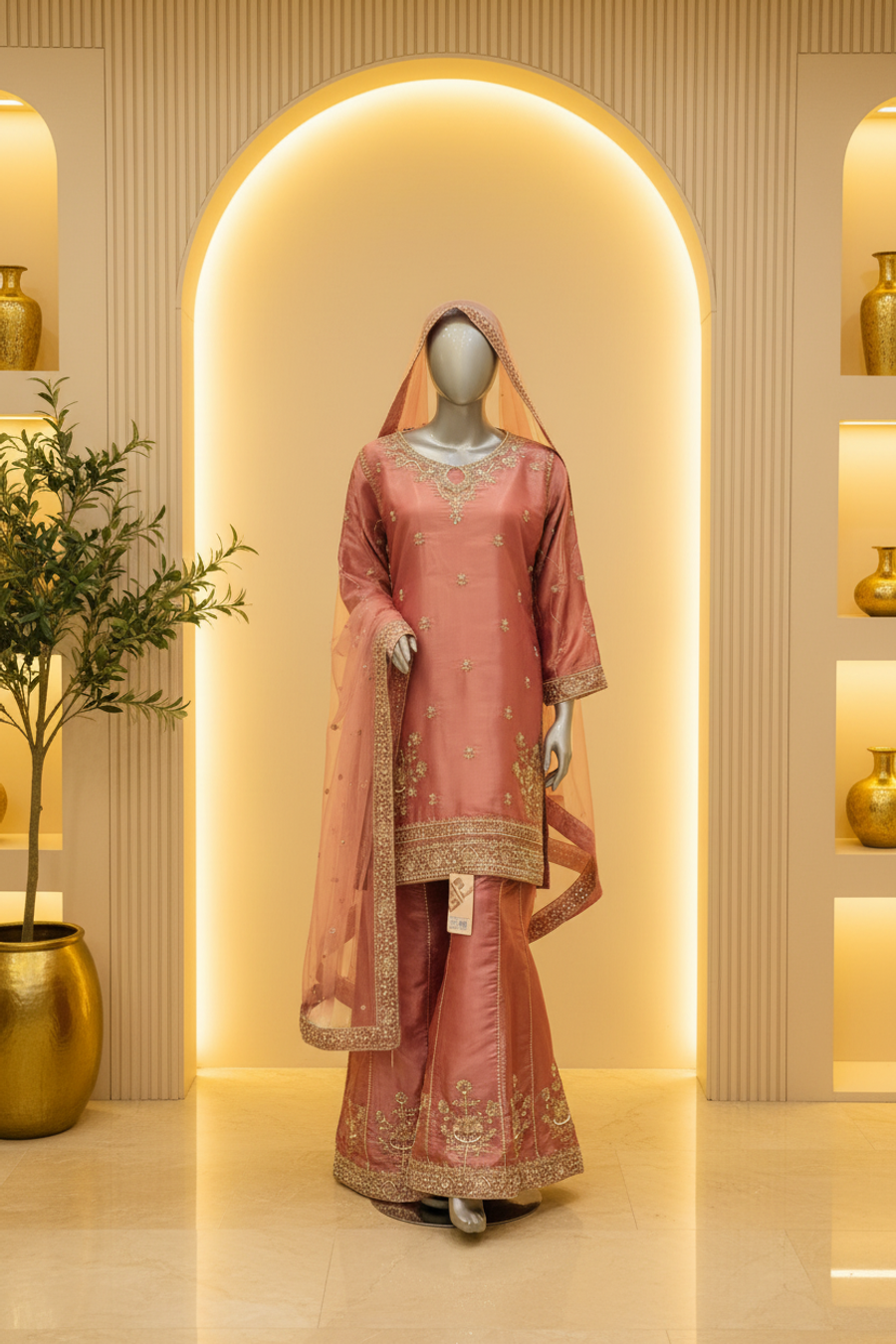 Dusty Rose Silk Organza Bridal Suit | Gold Zardozi Embroidery & Pearl Crystal Booti — Bridal by Bawany Threads & Style
