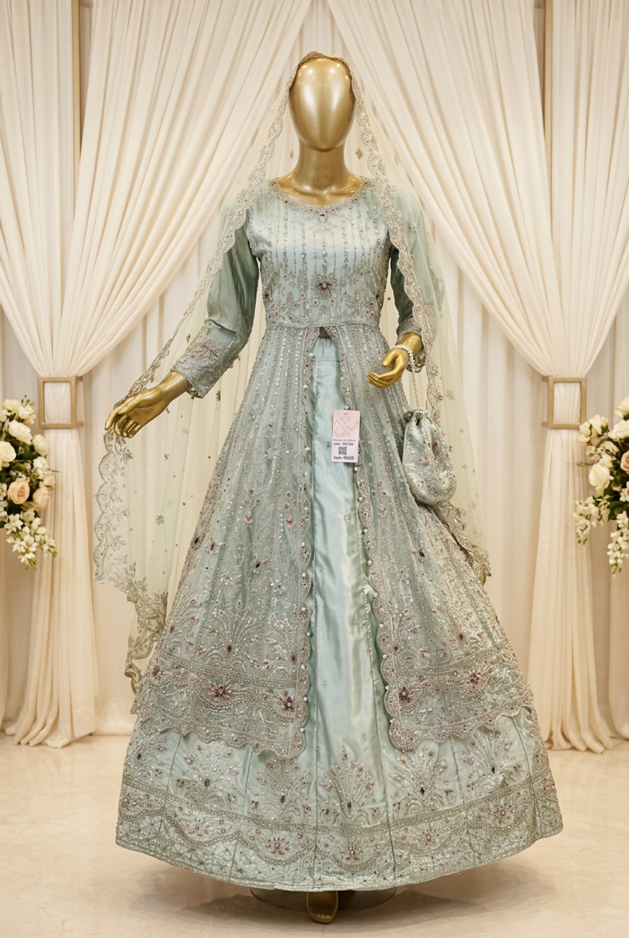 Mint Sage Floral Cascade | Silver Embroidery & Layered Scalloped Hem | Pakistani Formal Open-Front Gown | Sheer Dupatta & Matching Potli | BAWANY Collection — view 4 — Organza by Bawany Threads & Style