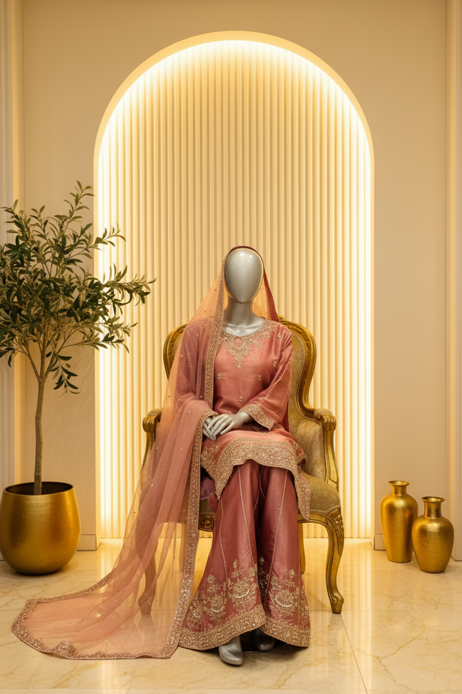 Dusty Rose Silk Organza Bridal Suit | Gold Zardozi Embroidery & Pearl Crystal Booti — view 3 — Bridal by Bawany Threads & Style