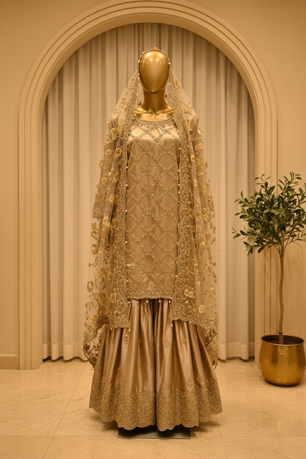 Champagne Gold Lattice Zardozi Gharara Set with Net Dupatta — Bridal by Bawany Threads & Style