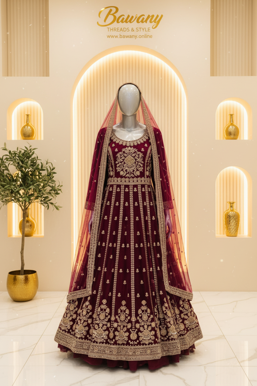 Burgundy Bridal Anarkali Gown | Silver Zardozi Vertical Row Motifs & Central Chest Bouquet | 2-Piece Pakistani Formal Wear | Wine Red Wedding Gown | Deep Pink Dupatta | Barat & Walima Collection — Formals by Bawany Threads & Style