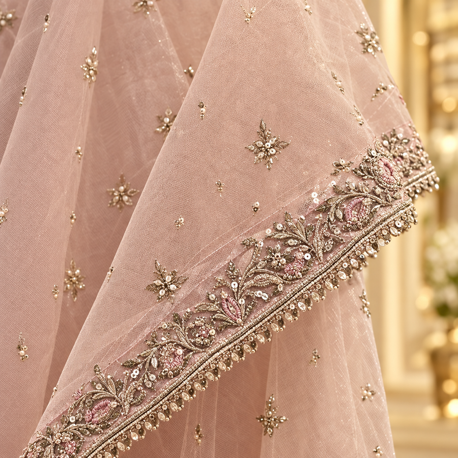Dusty Mauve Pakistani Suit | Silver-Gold Floral Embroidery | 3 Piece Formal Kameez Trouser Set | Sheer Blush Dupatta | Occasion Collection — view 2 — Organza by Bawany Threads & Style