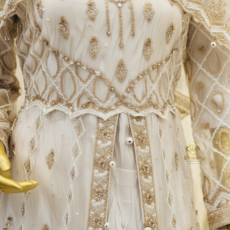 White Bridal Open-Front Jacket Gown | Diamond Lattice Silver Zardozi & Bell Sleeves | 2-Piece Pakistani Formal Wear | Ivory White Wedding Gown | Scalloped Waistband | Matching White Dupatta | Nikah & Walima Collection — view 4 — Organza by Bawany Threads & Style