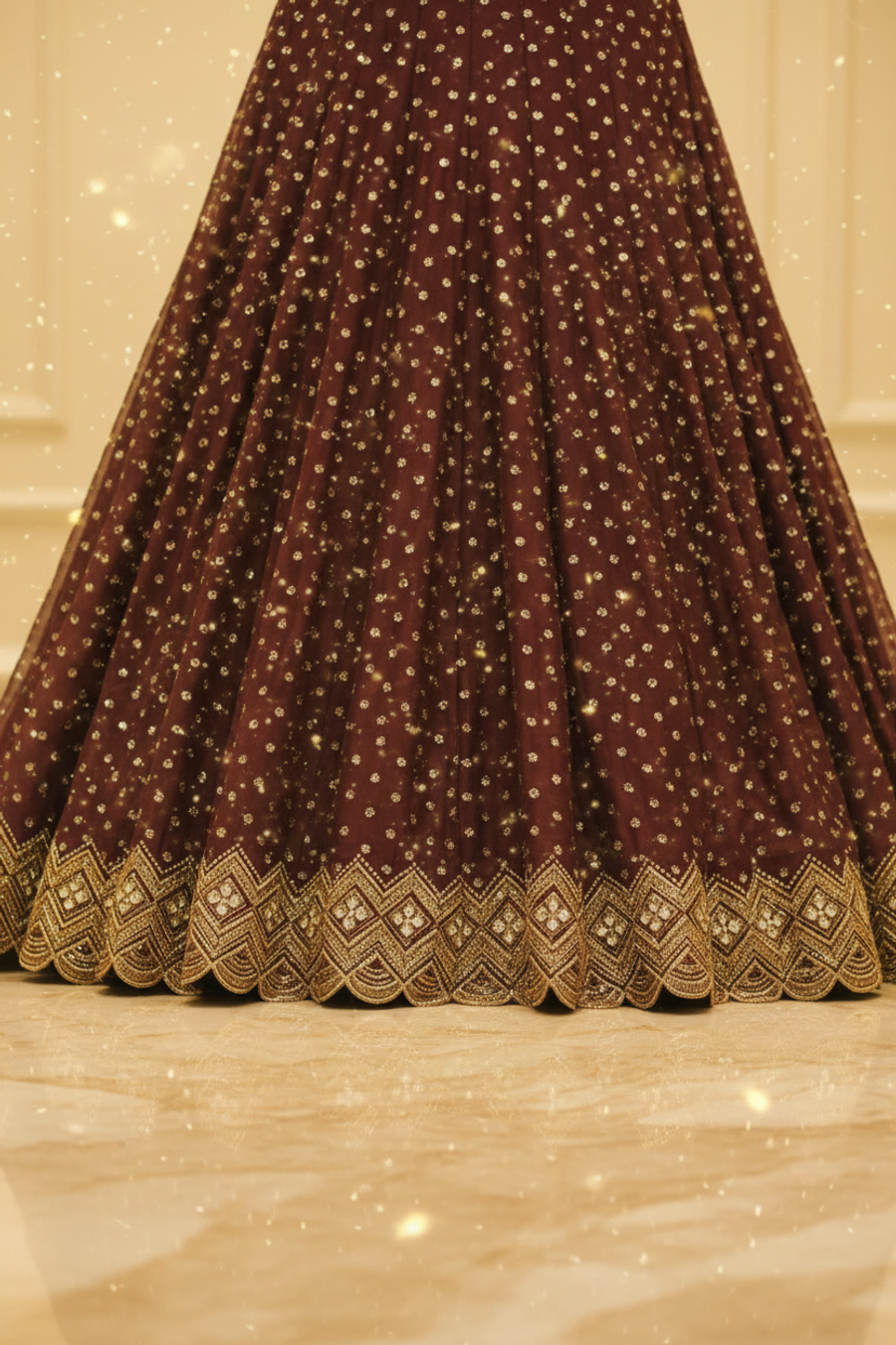 Deep Plum Wine Silk Anarkali Gown | Gold Silver Floral Booti & Matching Veil — view 2 — Bridal by Bawany Threads & Style