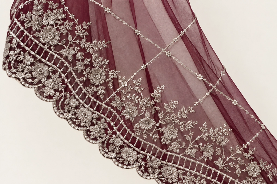 Smoky Mauve Grey Wine Rose Ensemble | Metallic Floral Embroidery & Dark Floral Accents | Open-Front Layered Dress | Burgundy Veil & Pearl-Handled Potli | BAWANY Threads & Style — view 4 — Bridal by Bawany Threads & Style