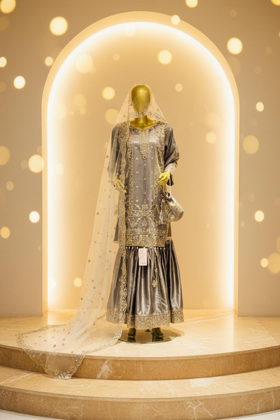 Steel Grey Silk Gharara Set | Gold Zardozi Front Panel & Pearl Tassel Drops — view 3 — Bridal by Bawany Threads & Style