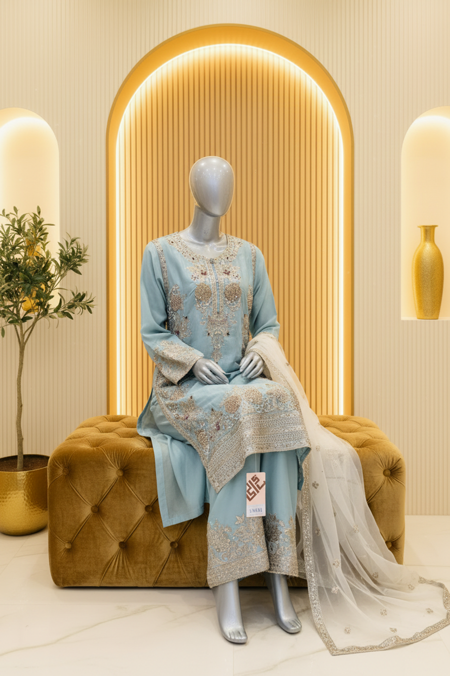 Icy Blue Floral Embroidered | Silver & Champagne-Gold Threadwork | 3-Piece Pakistani Formal Suit | Sheer Ivory Dupatta & Wide-Leg Trousers | Festive Collection — view 2 — Bridal by Bawany Threads & Style