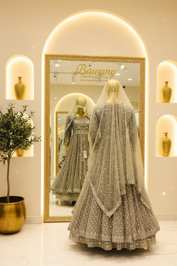 Silver Grey Bridal Anarkali Gown | Daisy Motif Skirt & Tassel Placket & Double Hem Border | 2-Piece Pakistani Bridal Wear | Sage Grey Wedding Gown | Dense Floral Vine Bodice | Matching Grey Dupatta | Walima & Nikah Collection — Formals by Bawany Threads & Style