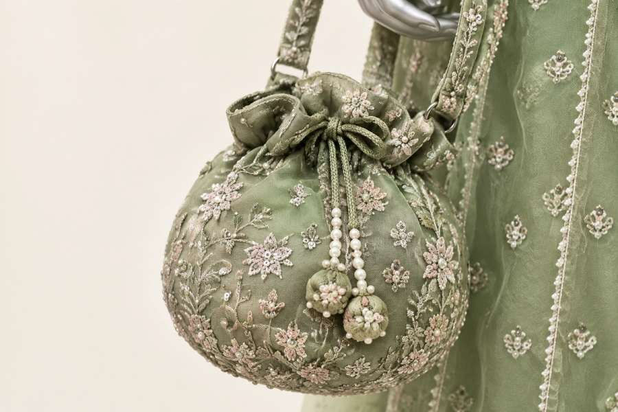 Sage Olive Noor Gown | Metallic Floral Embroidery & Ornate Hem | Long Flared Dress with Sheer Veil & Matching Potli | BAWANY Threads & Style — view 3 — Organza by Bawany Threads & Style