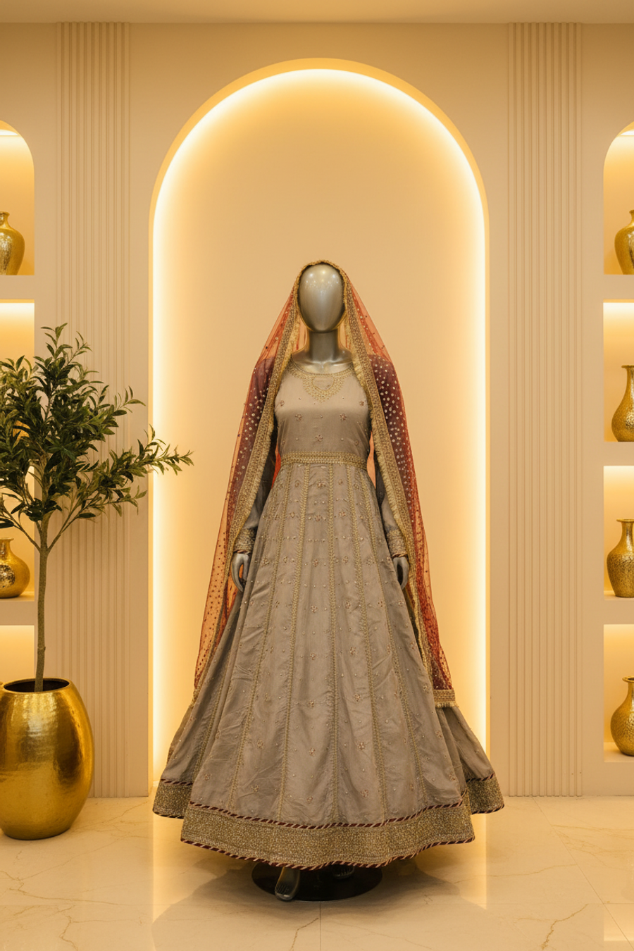Steel Grey Gold Embroidered Bridal Anarkali | Wine Red Veil & Crystal Booti — Bridal by Bawany Threads & Style