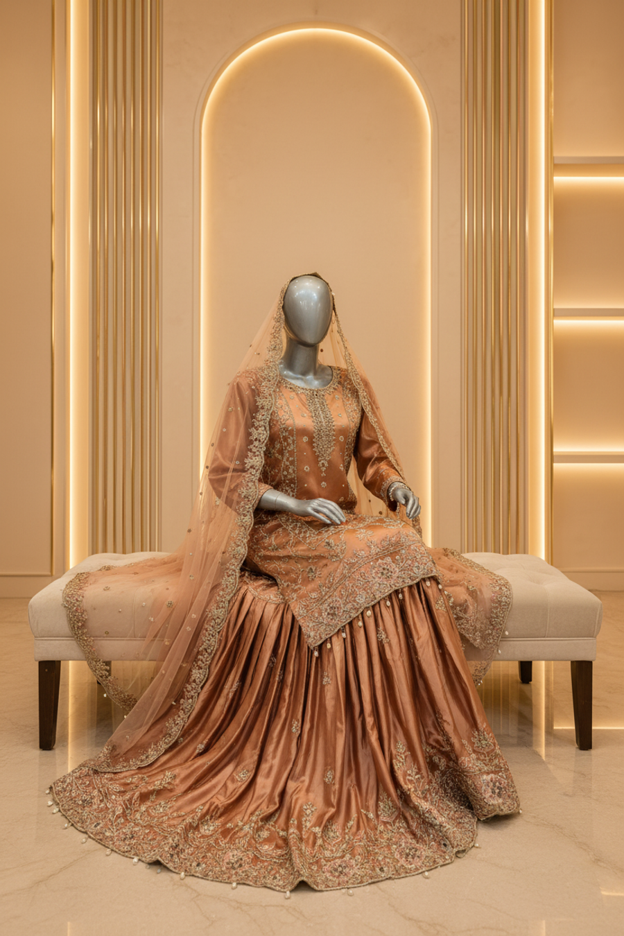 Copper Rose Gold Zardozi Gharara Set with Champagne Dupatta & Potli Bag — view 4 — Bridal by Bawany Threads & Style