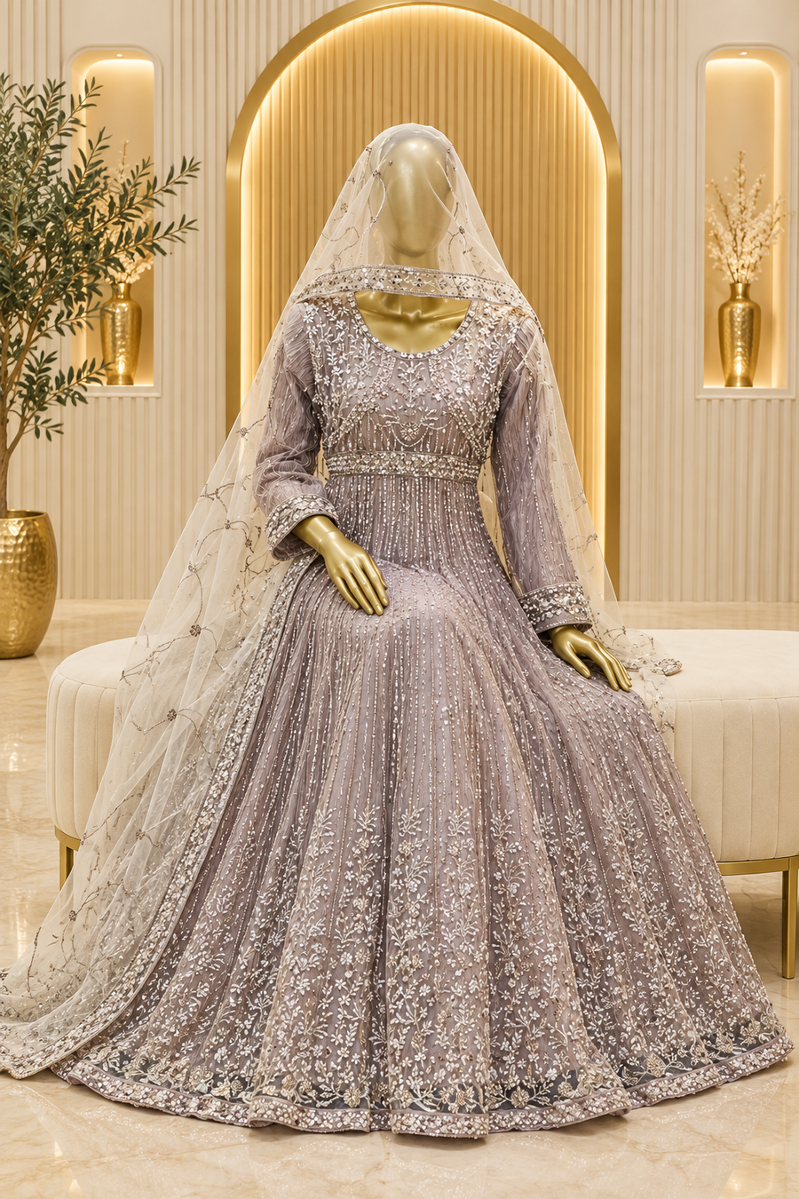 Lilac Grey Silver Bloom | Floral Embroidery & Vertical Beadwork | Pakistani Formal Flared Gown | Sheer Ivory Vine Dupatta | BAWANY Collection — view 4 — Formals by Bawany Threads & Style