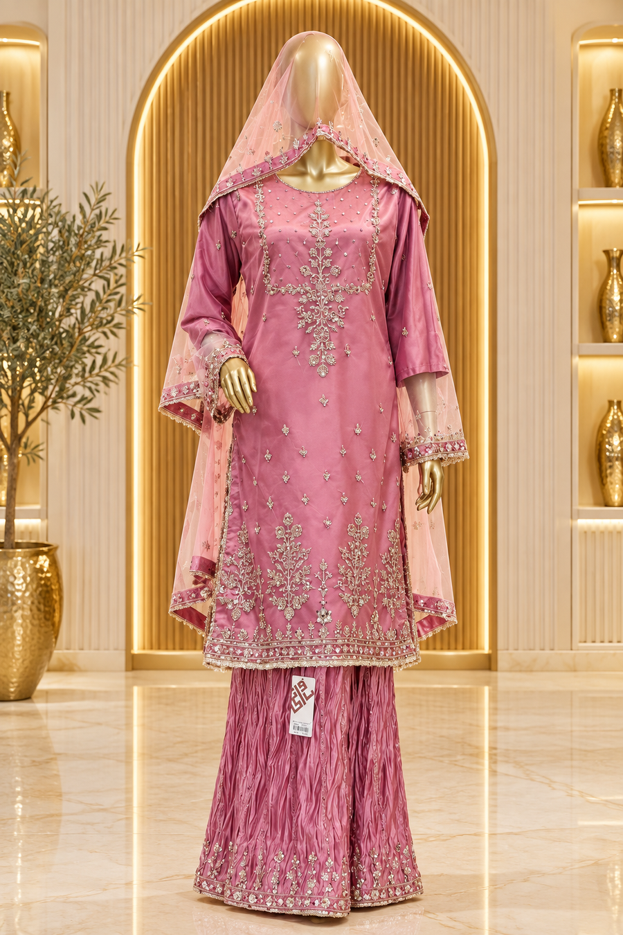 Rose Pink Pakistani Sharara Set | Metallic Floral-Vine Embroidery & Sheer Cuffs | Crinkle-Texture Sharara | Pale Pink Dupatta | Formal Collection — Bridal by Bawany Threads & Style