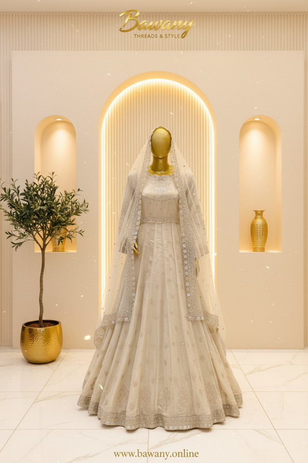 Pearl White Bridal Anarkali Frock | Delicate Chest Floral Motif & Wide Silver Waistband & Panel Seam Lines | 2-Piece Pakistani Bridal Wear | Off-White Ivory Silk Organza Frock | Scattered Fleur-de-lis Motifs | Heavy Ivory Dupatta | Nikah & Walima Collection — Organza by Bawany Threads & Style