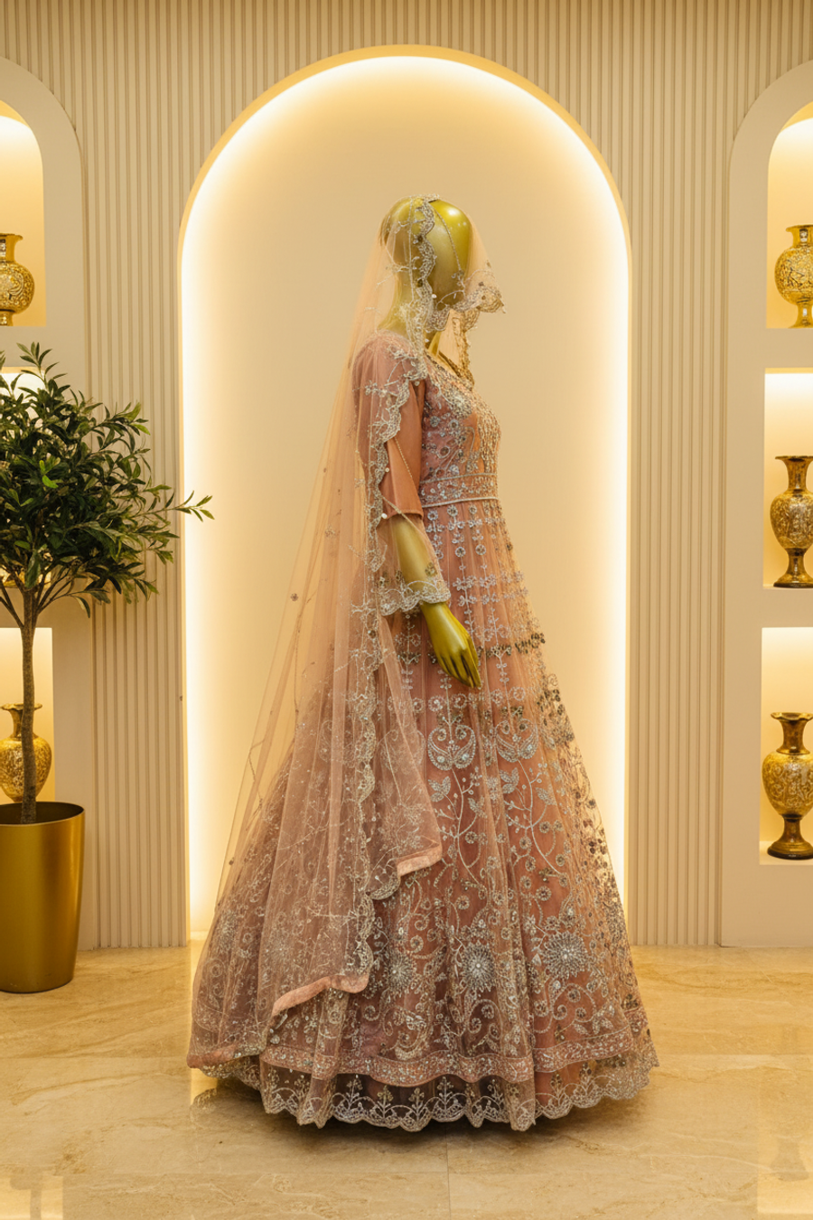 Dusty Rose Silver Embroidered Bridal Anarkali | Pearl & Crystal Work with Veil — view 2 — Bridal by Bawany Threads & Style