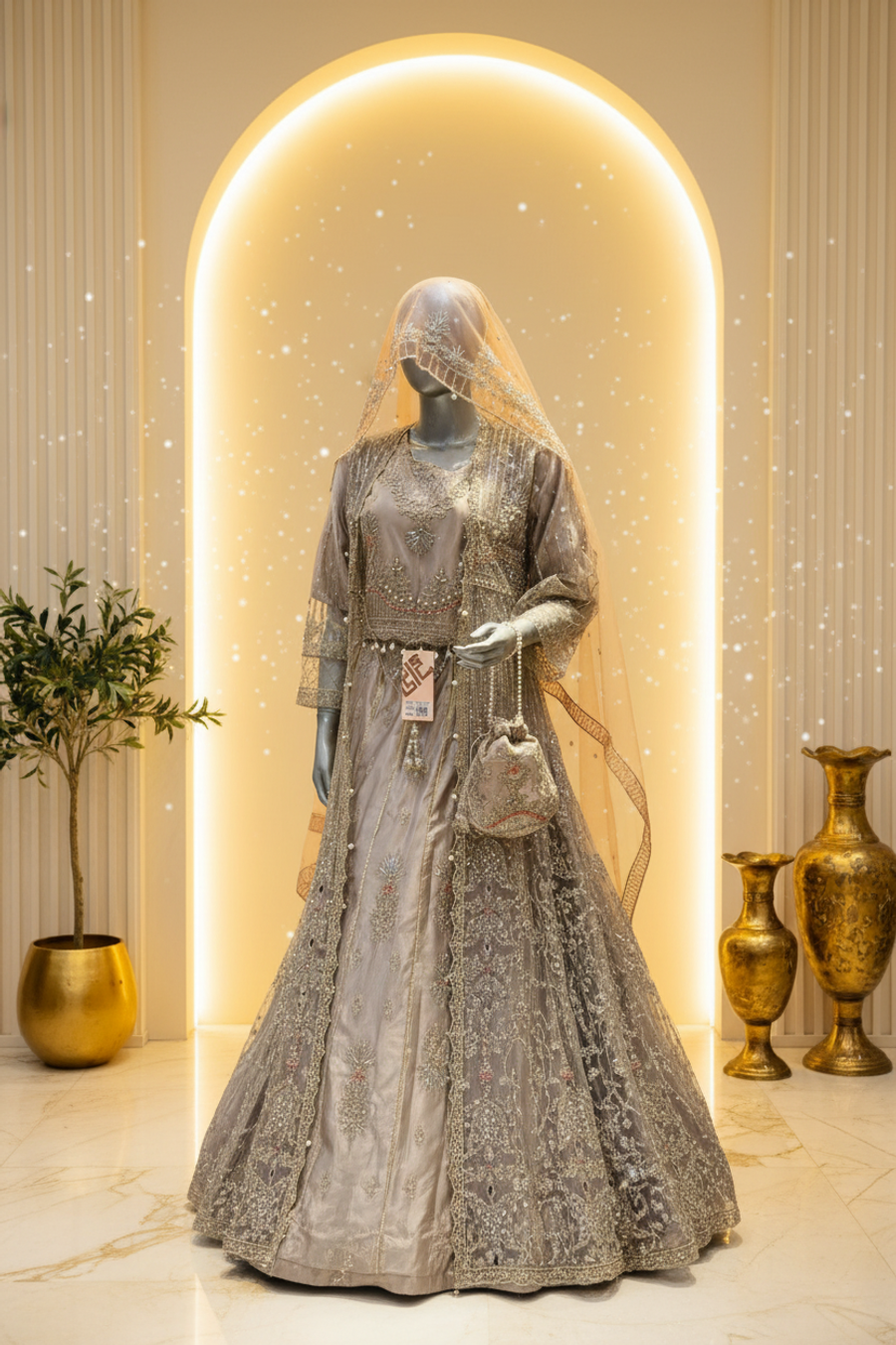 Silver Grey Net Lehenga Set with Embroidered Jacket | Pearl Tassel Belt & Potli Bag — view 2 — Bridal by Bawany Threads & Style