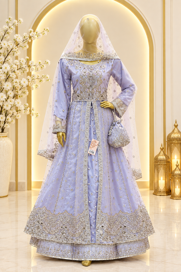 Lavender Moonlight Layered Dress | Metallic Floral Embroidery & Scalloped Hem | Front-Open Flared Silhouette | Sheer Veil & Matching Potli | BAWANY Threads & Style — Chiffon by Bawany Threads & Style