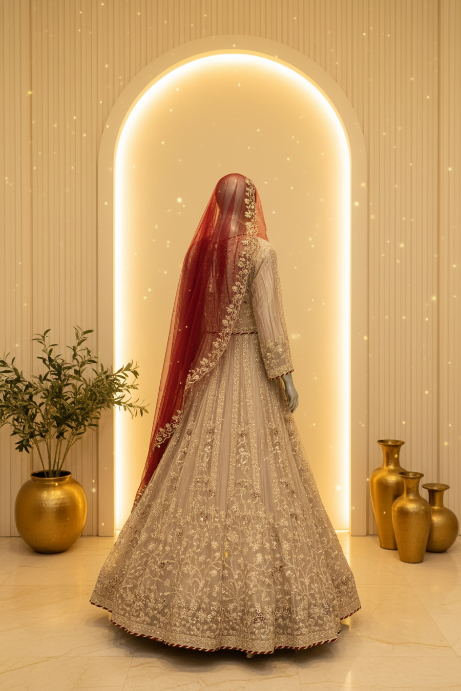 Ivory Cream Crushed Net Anarkali Gown | Deep V Lace-Up Neckline & Red Veil — view 3 — Bridal by Bawany Threads & Style