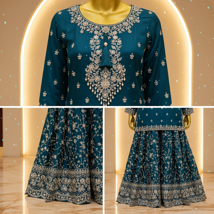 Teal Peacock Blue Silk Gharara Set | Silver Zardozi Floral Vine & Pearl Pendant Neckline — view 4 — Bridal by Bawany Threads & Style