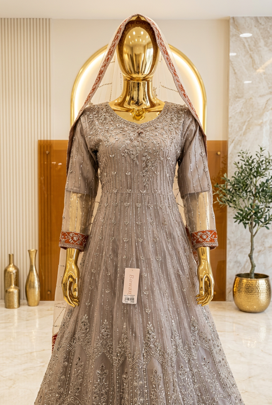 Grey Taupe Heritage Bloom | Silver Floral Embroidery & Olive-Green Hem | Pakistani Formal Flared Gown | Rust-Red Accents & Sheer Dupatta | BAWANY Collection — view 2 — Chiffon by Bawany Threads & Style