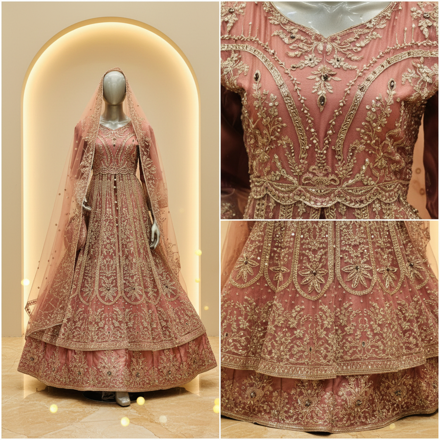 Dusty Rose Silk Bridal Lehenga Gown | Gold Zardozi Open Front Panel & Pearl Button Belt — view 3 — Bridal by Bawany Threads & Style