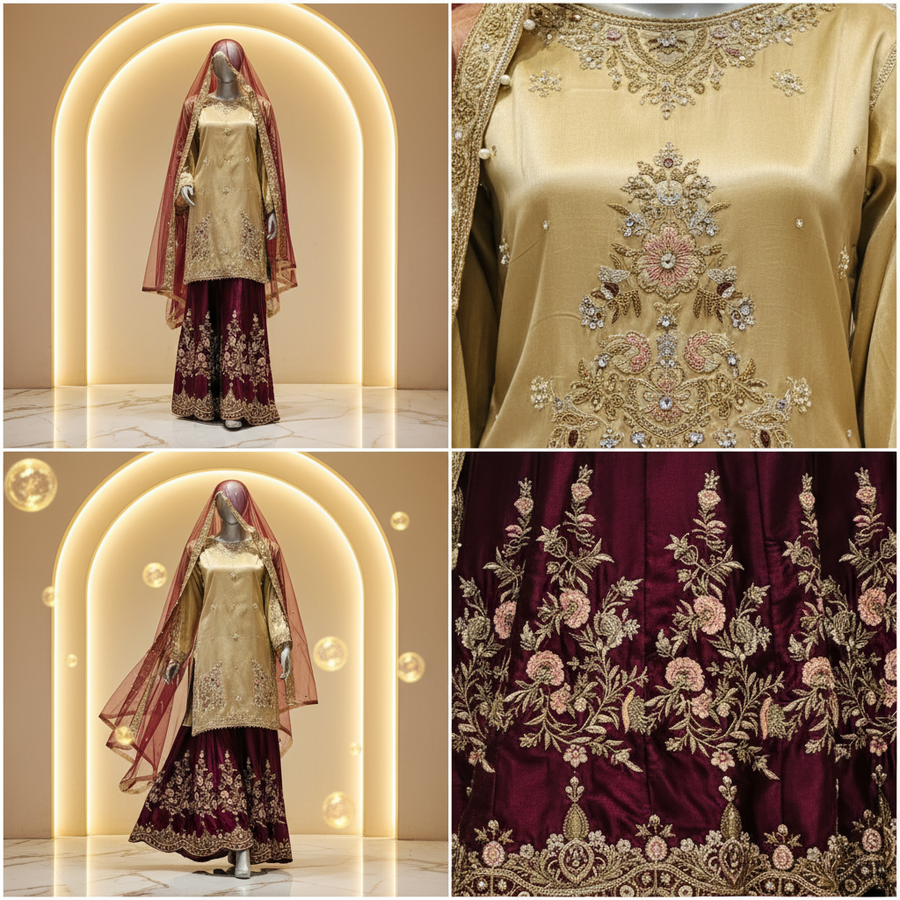 Champagne Gold Silk Suit with Deep Burgundy Gharara | Gold Zardozi Floral Embroidery — view 3 — Bridal by Bawany Threads & Style
