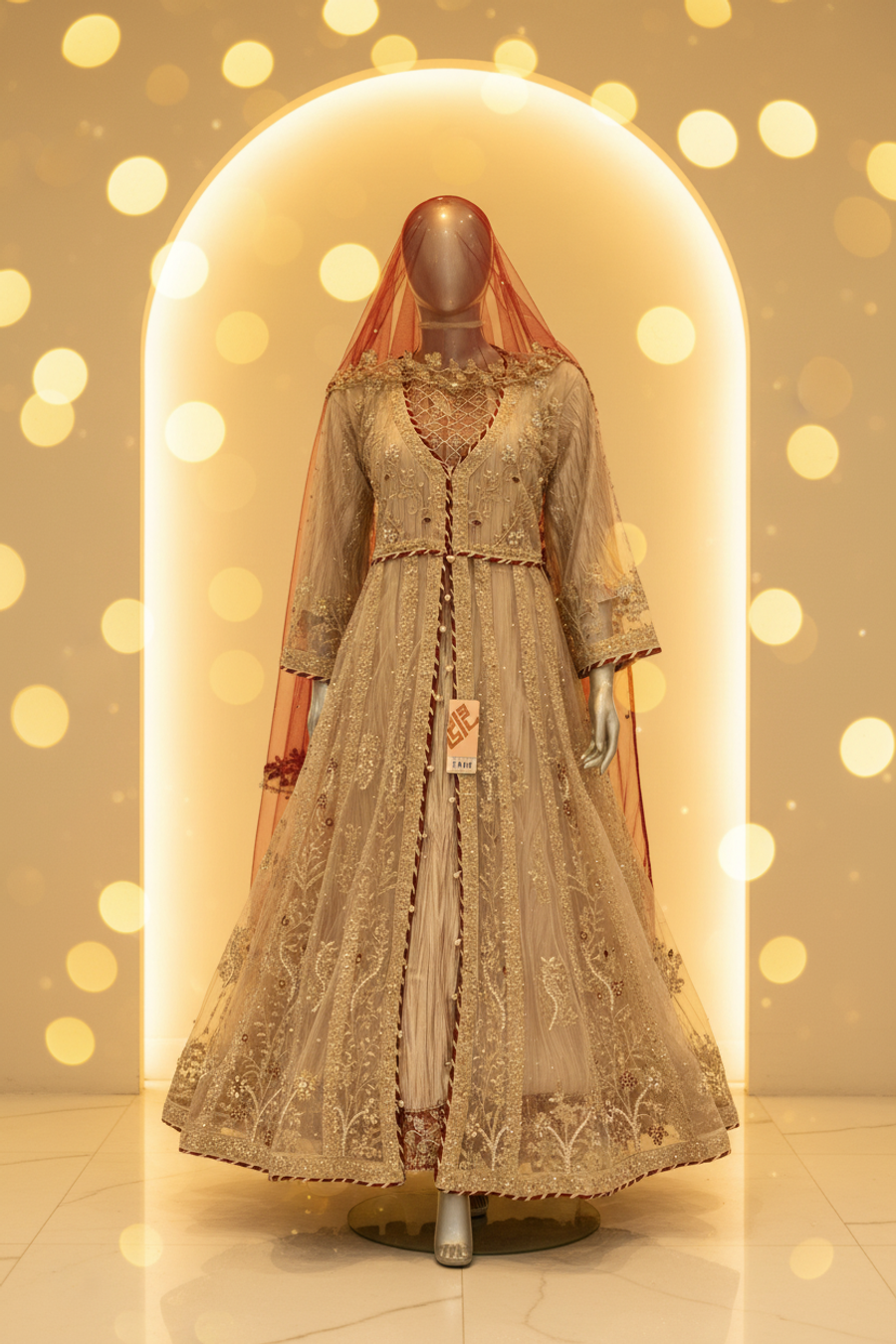 Ivory Cream Crushed Net Anarkali Gown | Deep V Lace-Up Neckline & Red Veil — view 4 — Bridal by Bawany Threads & Style