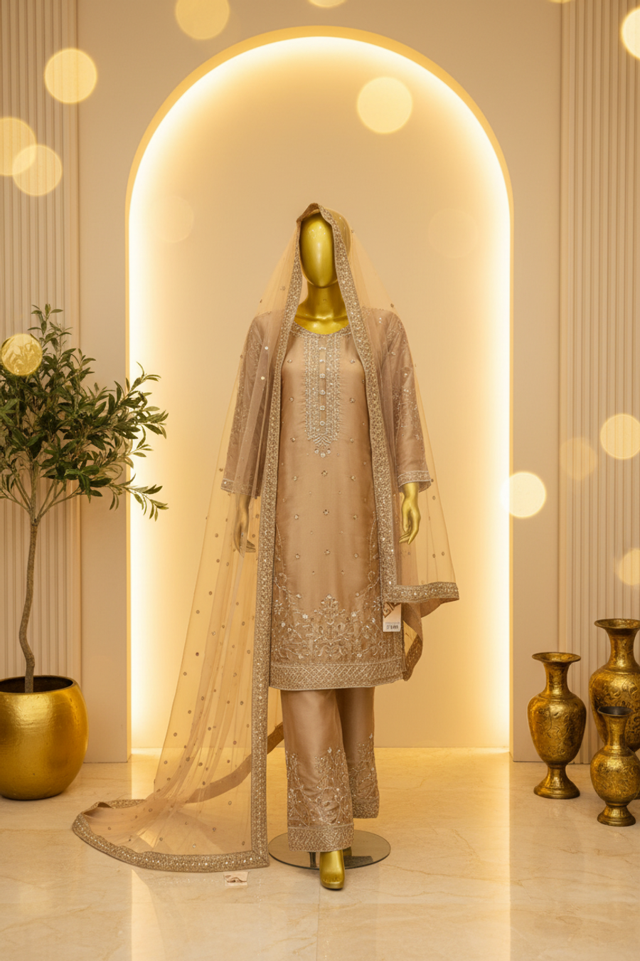 Champagne Rose Gold Silk Organza Bridal Suit | Gold Silver Embroidery with Dupatta — view 4 — Bridal by Bawany Threads & Style
