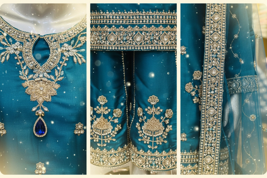 Teal Peacock Blue Silk Gharara Set | Silver Gold Zardozi Embroidery & Sapphire Pendant — view 4 — Bridal by Bawany Threads & Style