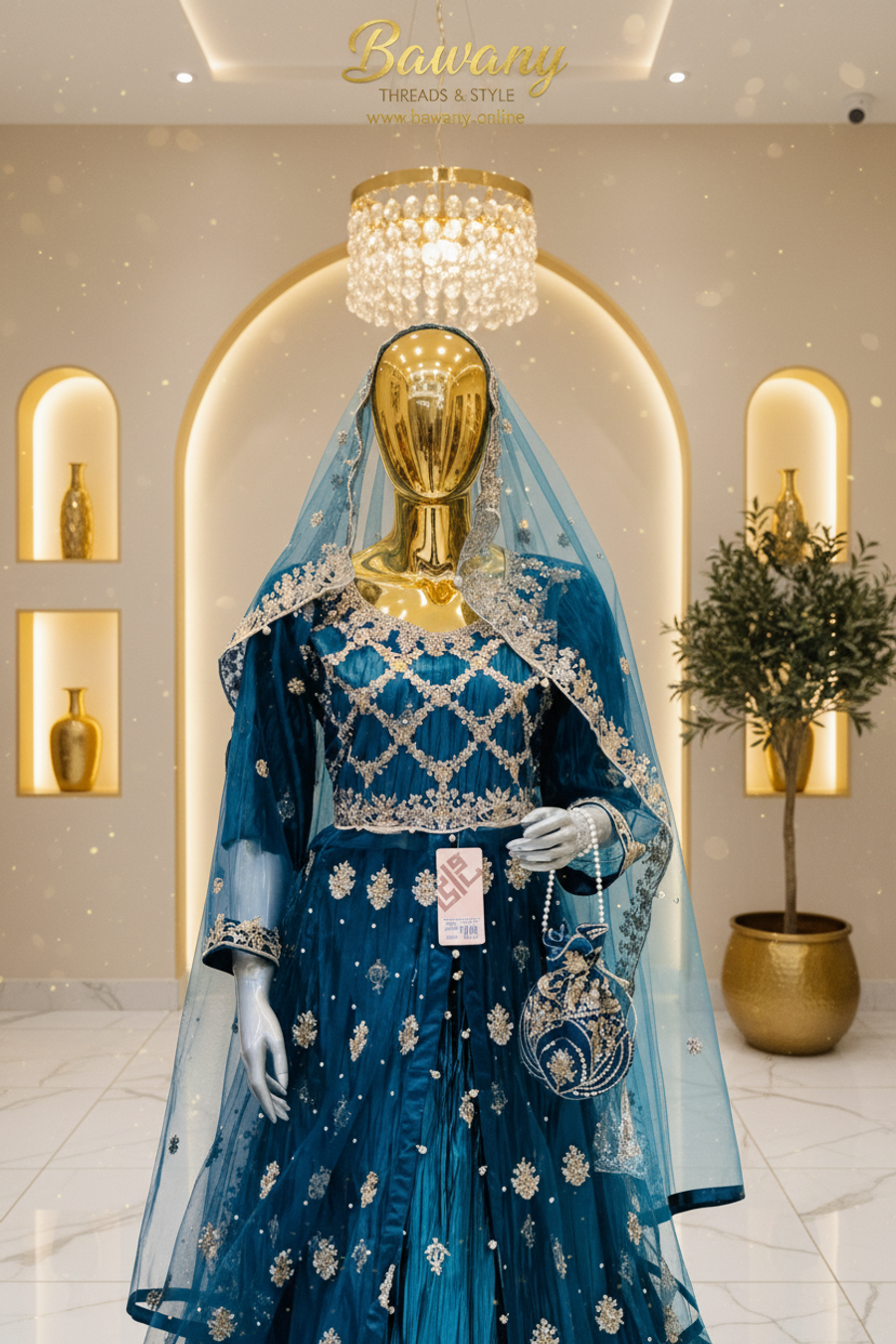 Teal Bridal Lehenga | Diamond Lattice Silver Zardozi Blouse & Large Floral Bouquet Skirt | 3-Piece Pakistani Bridal Wear | Peacock Blue Wedding Lehenga | Sky Blue Dupatta & Teal Potli Bag | Barat Collection — view 3 — Formals by Bawany Threads & Style