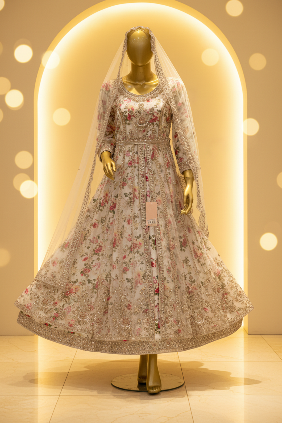 White Ivory Floral Net Anarkali Gown | Silver Crystal Embroidery & Scalloped Hem — view 4 — Bridal by Bawany Threads & Style