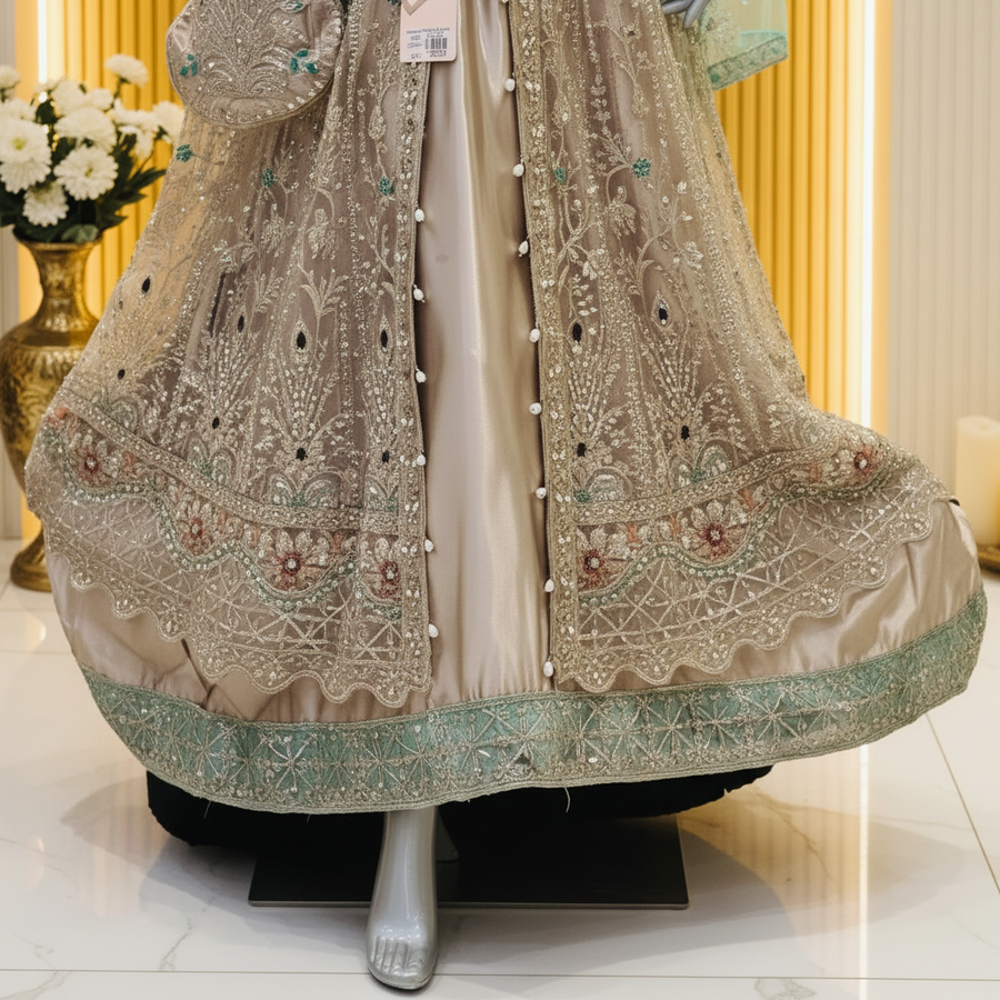 Seafoam & Champagne Silver Embroidered Dress | Floral Lattice Work & Ornate Hem | Pakistani Formal Occasion Wear | Sheer Veil & Matching Potli | BAWANY Collection — view 4 — Organza by Bawany Threads & Style