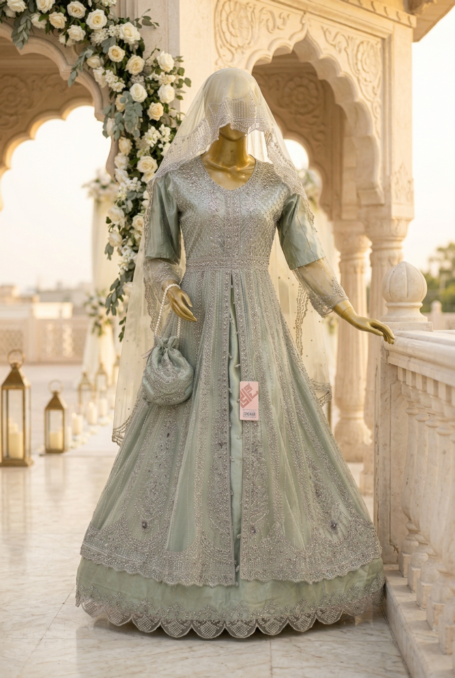 Sage Green Layered Gown | Silver-Tone Floral Embroidery | Pakistani Wedding Wear | Scalloped Hem, Ivory Dupatta & Matching Potli | Wedding Collection — view 3 — Net by Bawany Threads & Style